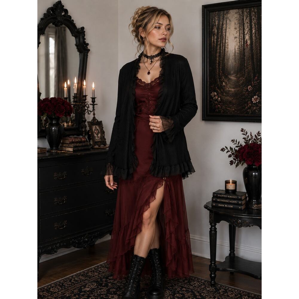 NWT To The Max Black Ruffle Trim Cardigan XL Sheer Open Front Dark Romantic Goth